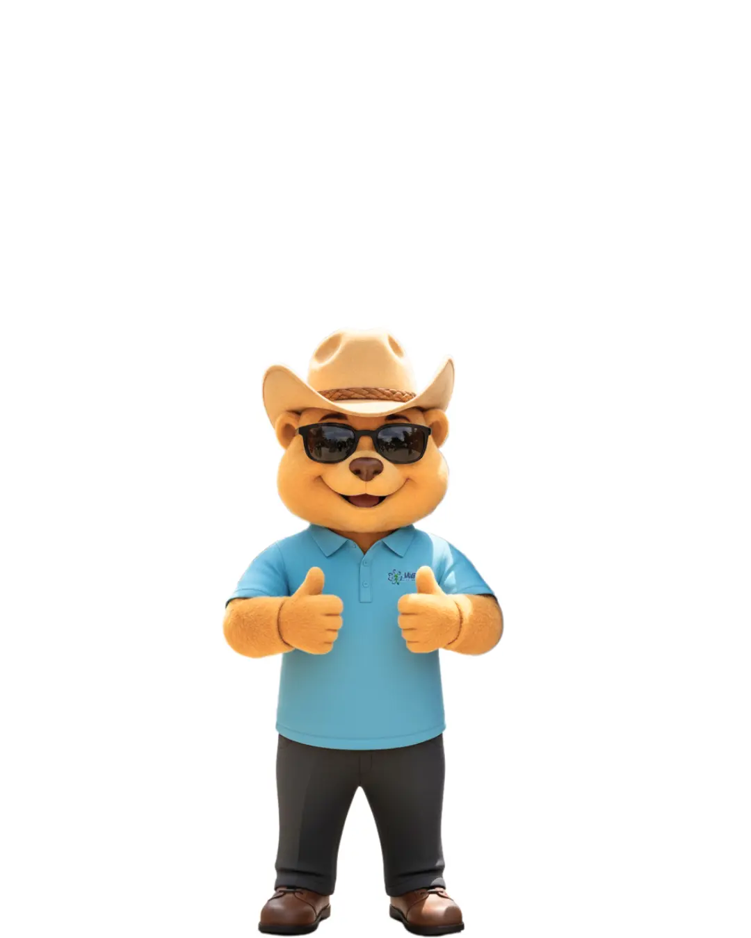 United Health Care Staffing mascot Uni-Ted giving a double thumbs up against a clean white background. Uni-Ted is wearing a light blue polo shirt with the company logo, dark trousers, brown shoes, sunglasses, and a tan hat. This high-resolution icon is designed for allied health and travel therapy recruitment branding