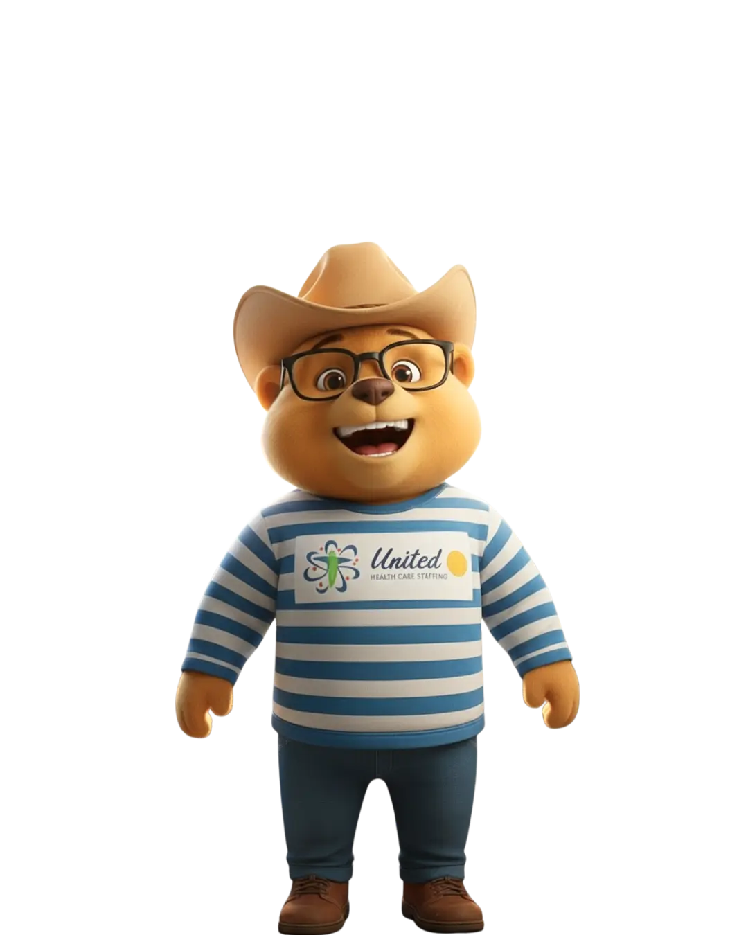 United Health Care Staffing mascot, a friendly tan bear character wearing a tan cowboy hat, black-rimmed glasses, and a blue-and-white striped shirt. The mascot features the United Health Care Staffing logo on its chest and is set against a clean white background, representing the brand's approachable and supportive identity in travel therapy and healthcare recruitment.