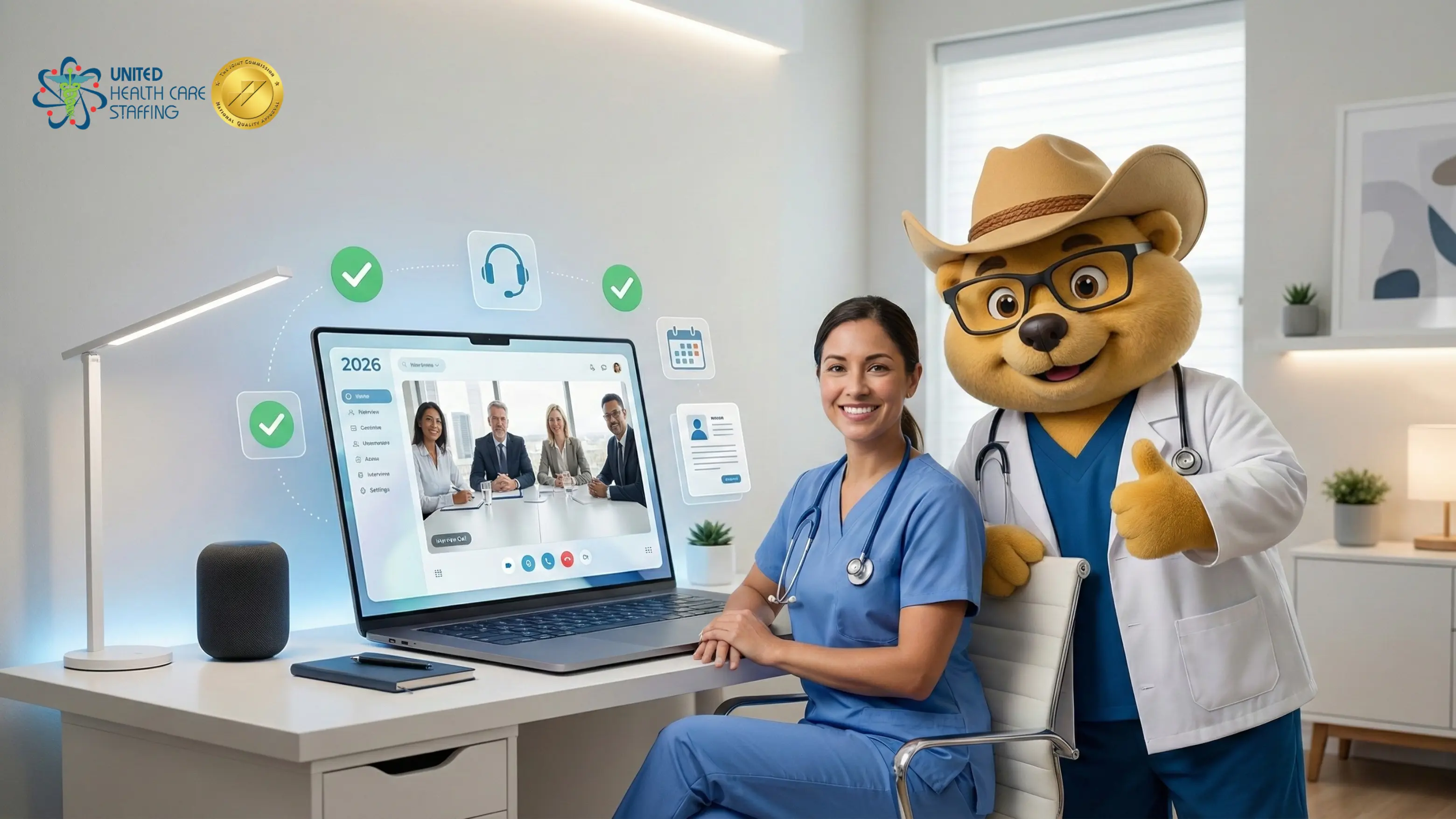 A digital illustration showcasing a virtual interview for a nursing position. A female nurse in blue scrubs sits at a white desk next to a large laptop screen displaying a panel of four interviewers in a video call. Beside her, a friendly bear mascot wearing a cowboy hat, glasses, and a doctor's white coat gives a thumbs-up. Floating digital icons for scheduling, resumes, and support surround the laptop, and the United Health Care Staffing logo is visible in the top left corner.